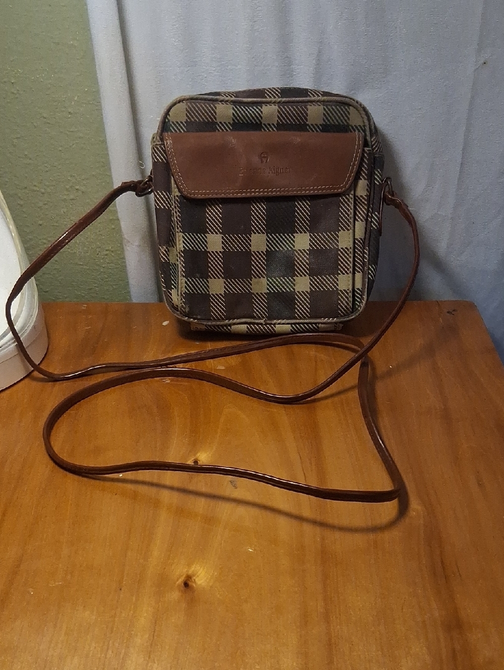 Etienne Aigner  Checked Brown Crossbody Bag with Leather Trim